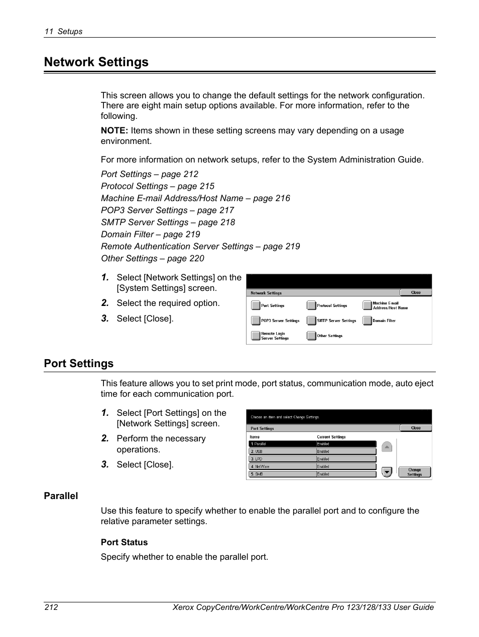 Network settings, Port settings | Xerox 604P18057 User Manual | Page 212 / 364