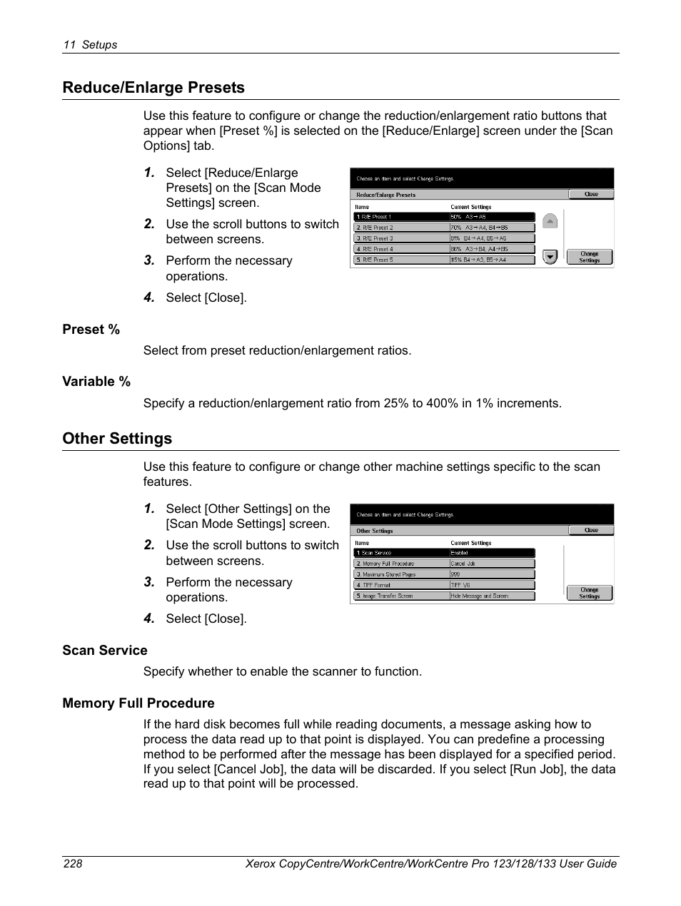 Reduce/enlarge presets, Other settings, Reduce/enlarge presets other settings | Xerox 604P18057 User Manual | Page 228 / 364