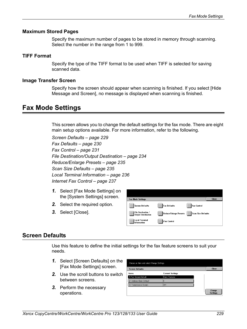 Fax mode settings, Screen defaults | Xerox 604P18057 User Manual | Page 229 / 364