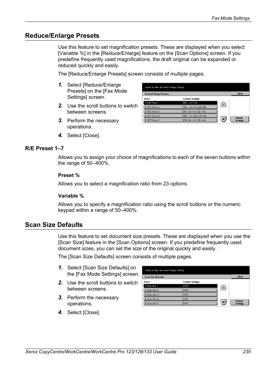 Reduce/enlarge presets, Scan size defaults, Reduce/enlarge presets scan size defaults | Xerox 604P18057 User Manual | Page 235 / 364