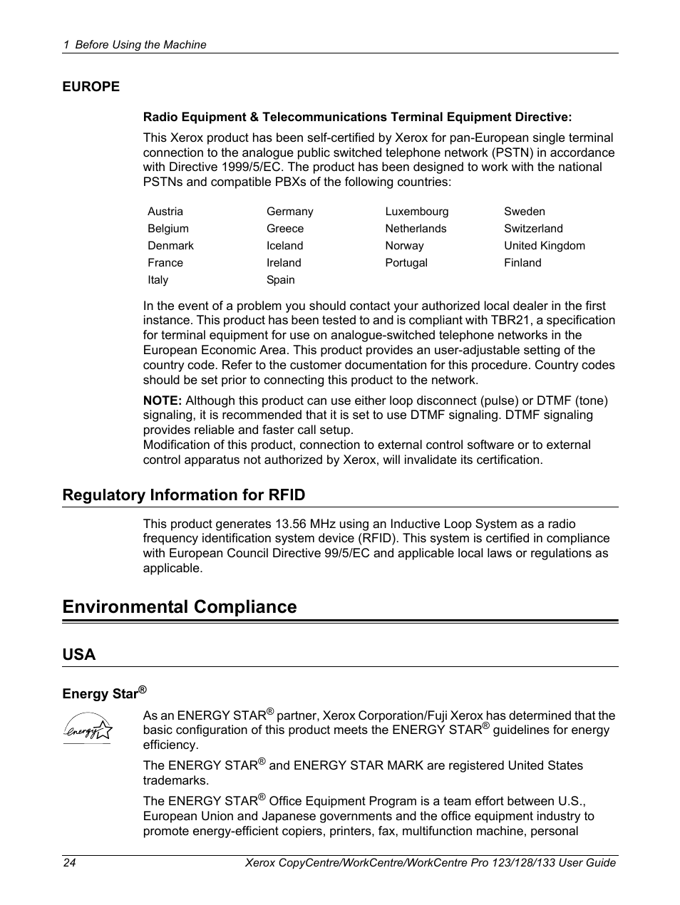 Regulatory information for rfid, Environmental compliance | Xerox 604P18057 User Manual | Page 24 / 364