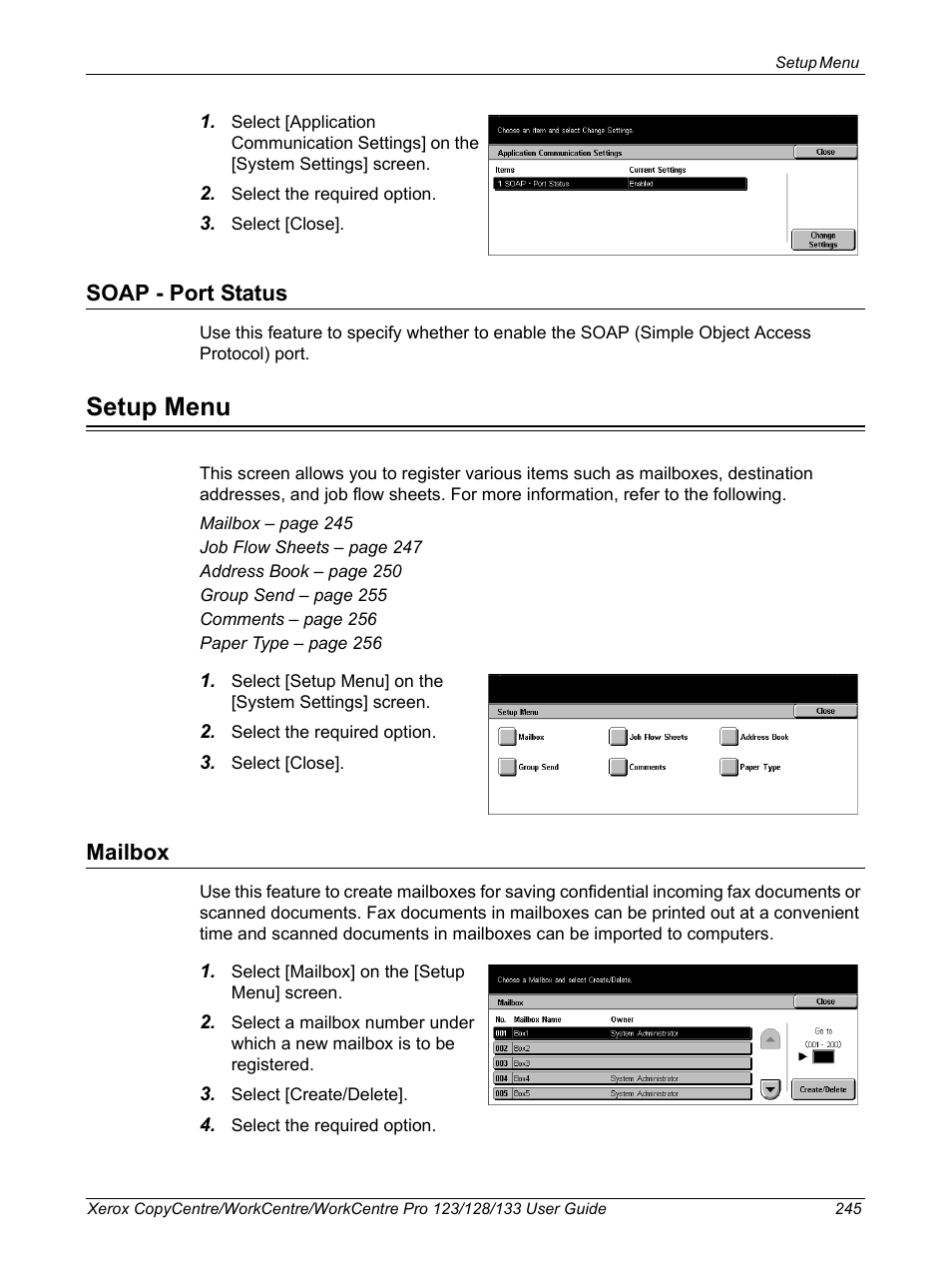 Soap - port status, Setup menu, Mailbox | Xerox 604P18057 User Manual | Page 245 / 364