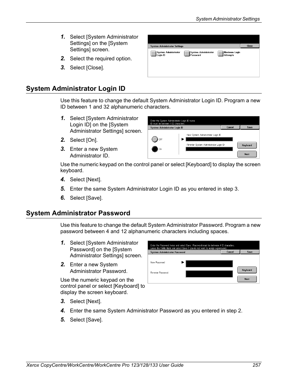 System administrator login id, System administrator password | Xerox 604P18057 User Manual | Page 257 / 364