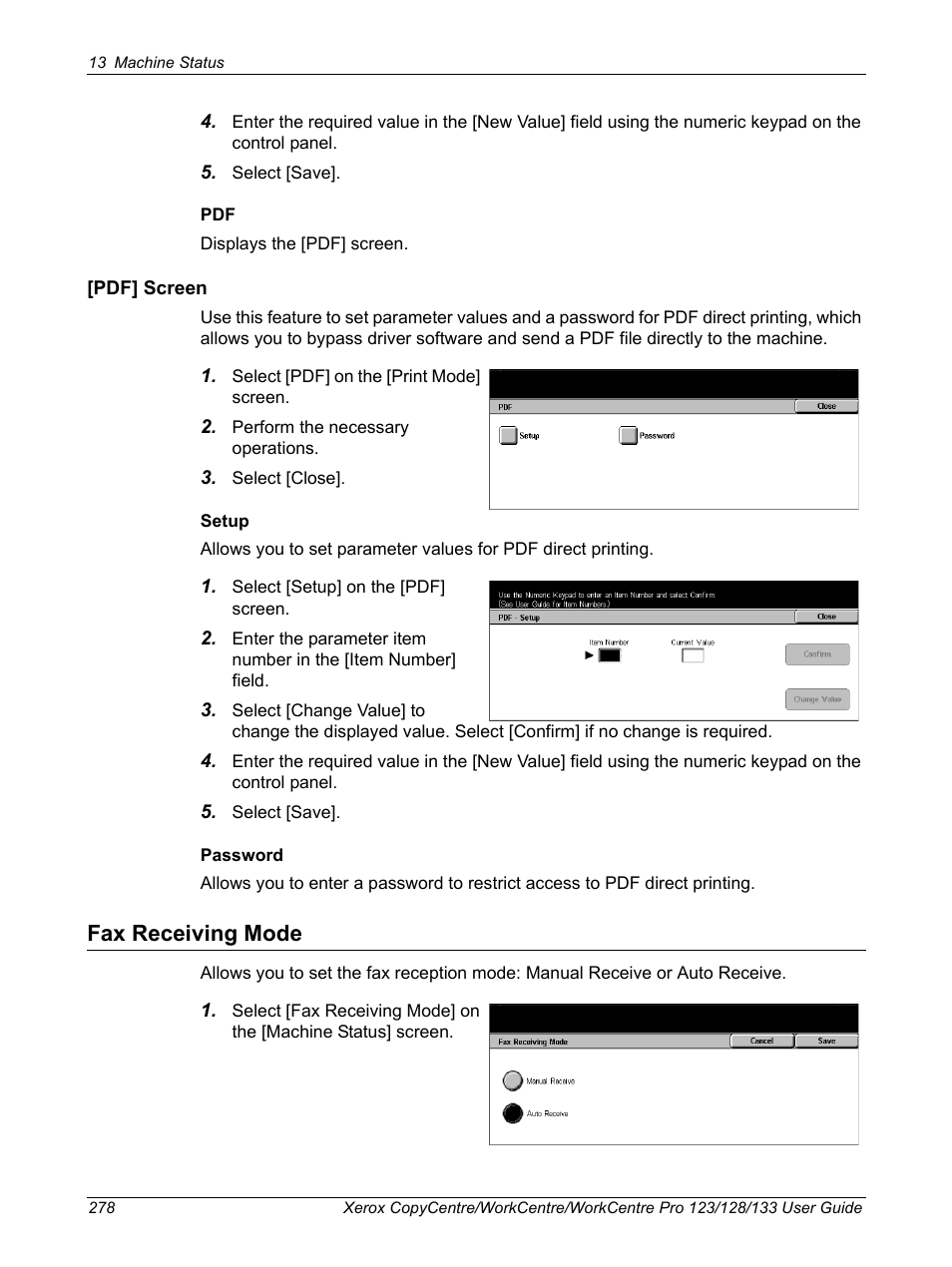 Fax receiving mode | Xerox 604P18057 User Manual | Page 278 / 364