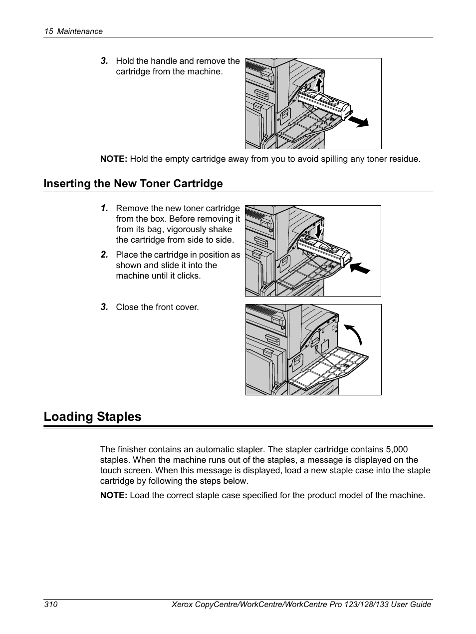 Inserting the new toner cartridge, Loading staples | Xerox 604P18057 User Manual | Page 310 / 364