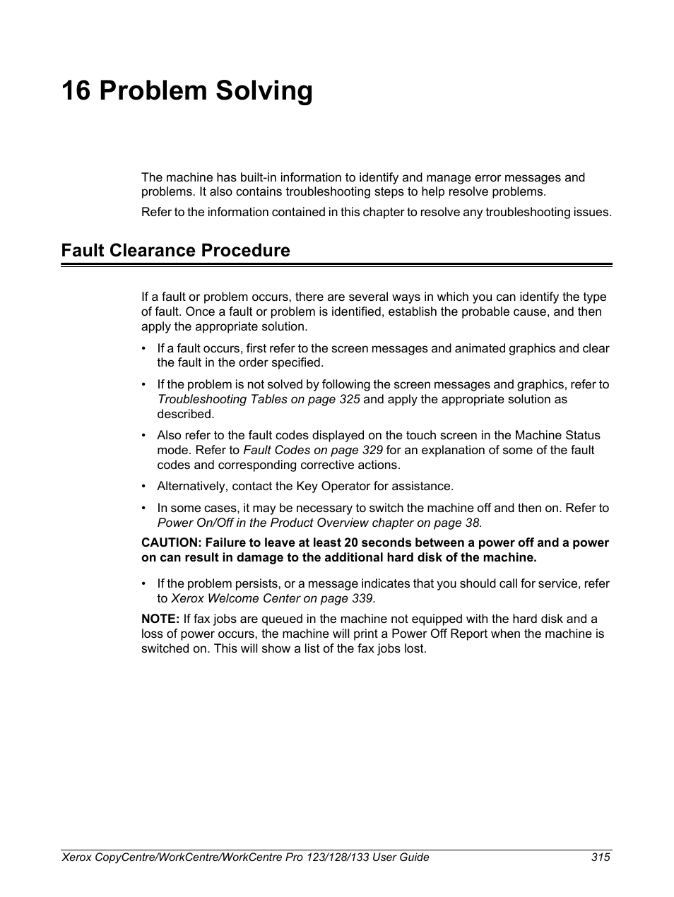 16 problem solving, Fault clearance procedure | Xerox 604P18057 User Manual | Page 315 / 364