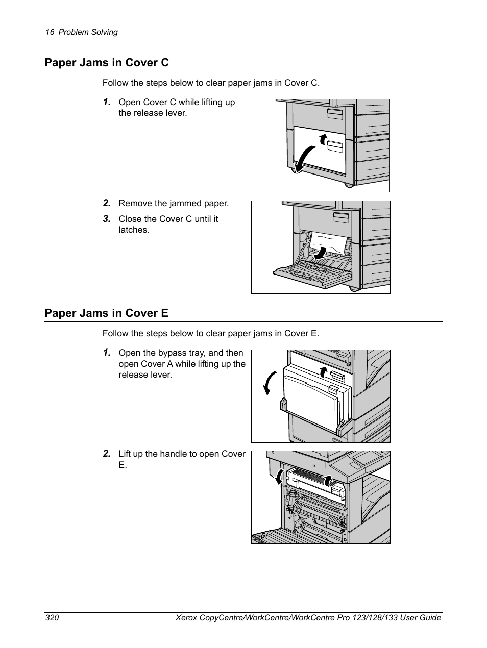 Paper jams in cover c, Paper jams in cover e, Paper jams in cover c paper jams in cover e | Xerox 604P18057 User Manual | Page 320 / 364