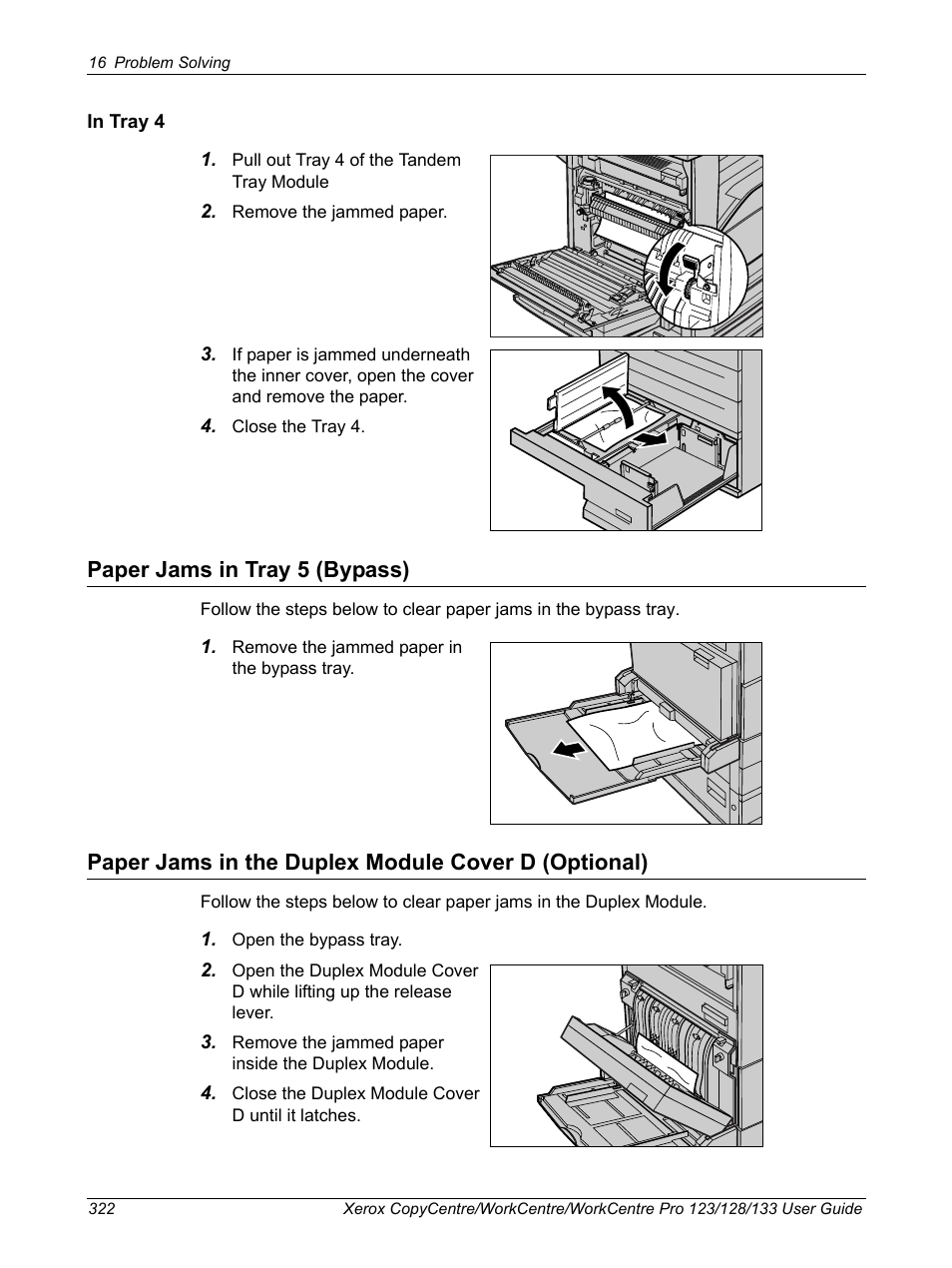 Paper jams in tray 5 (bypass), Paper jams in the duplex module cover d (optional) | Xerox 604P18057 User Manual | Page 322 / 364