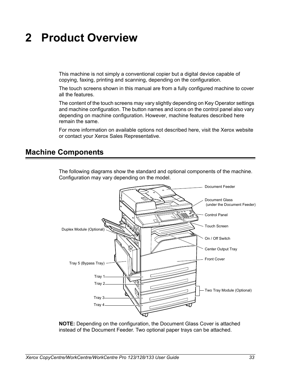 2 product overview, Machine components, Product overview machine components | Xerox 604P18057 User Manual | Page 33 / 364