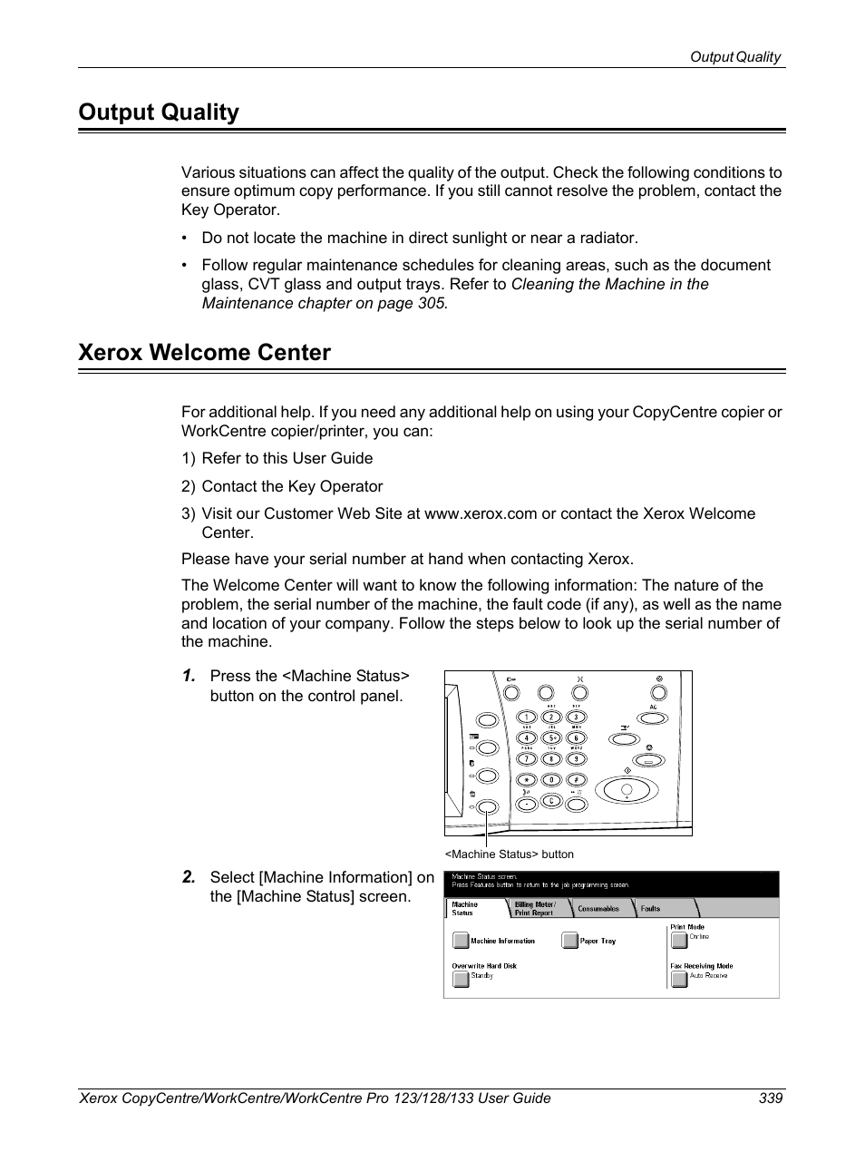 Output quality, Xerox welcome center, Output quality xerox welcome center | Ould call for service, refer | Xerox 604P18057 User Manual | Page 339 / 364