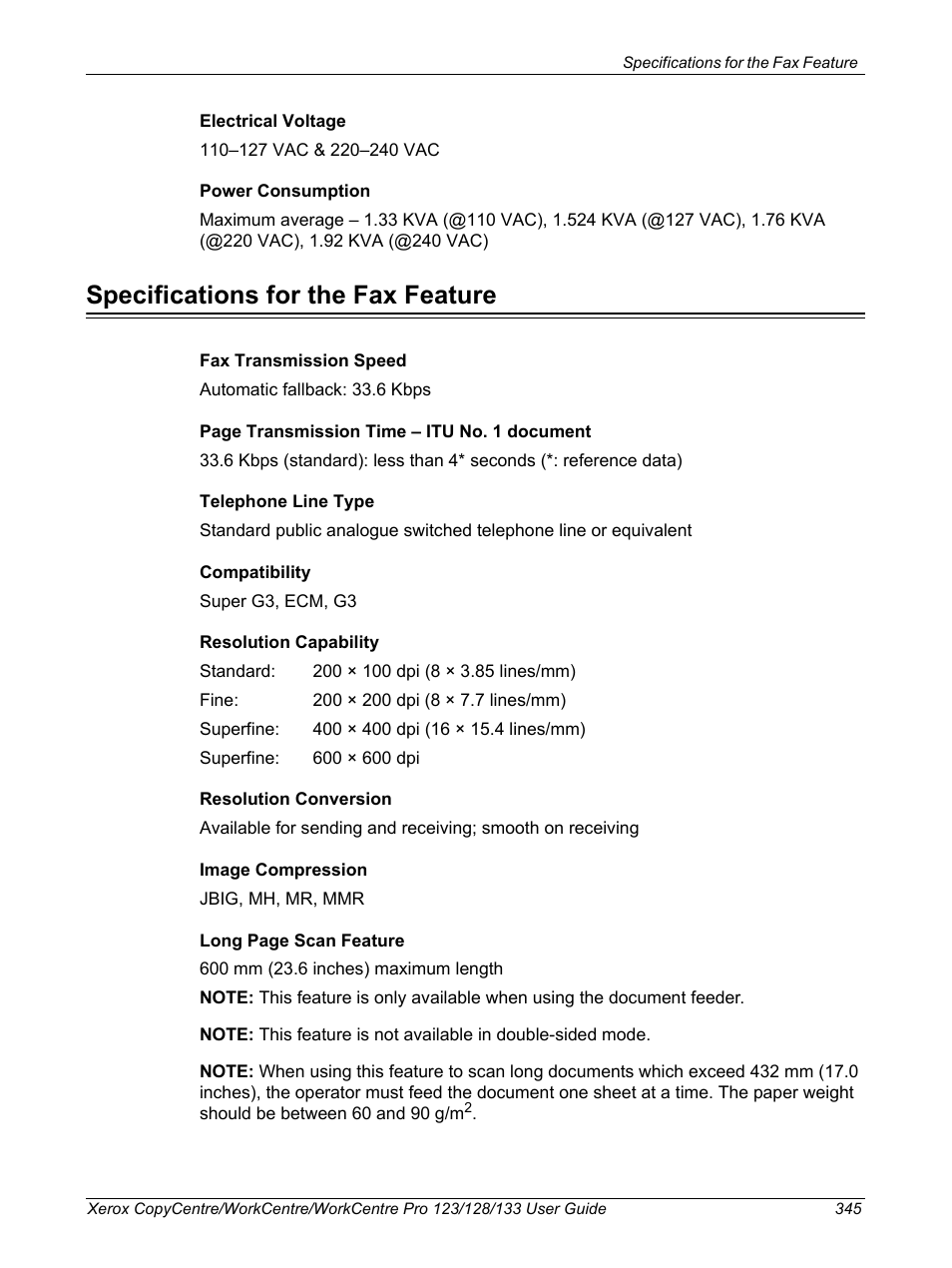 Specifications for the fax feature | Xerox 604P18057 User Manual | Page 345 / 364