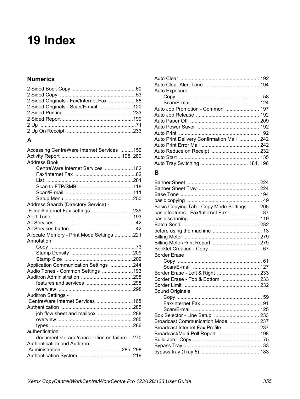 19 index | Xerox 604P18057 User Manual | Page 355 / 364