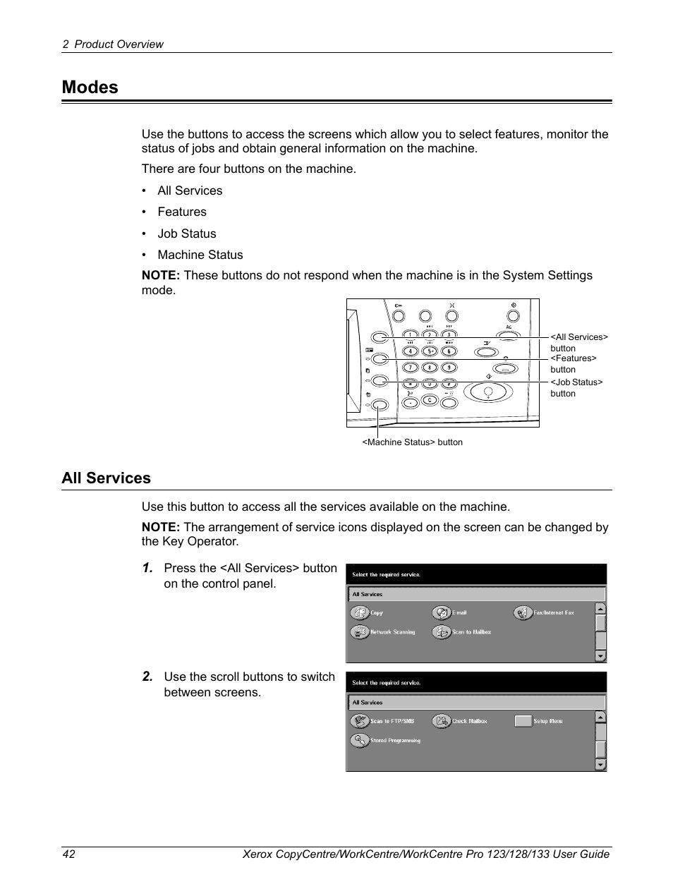 Modes, All services | Xerox 604P18057 User Manual | Page 42 / 364