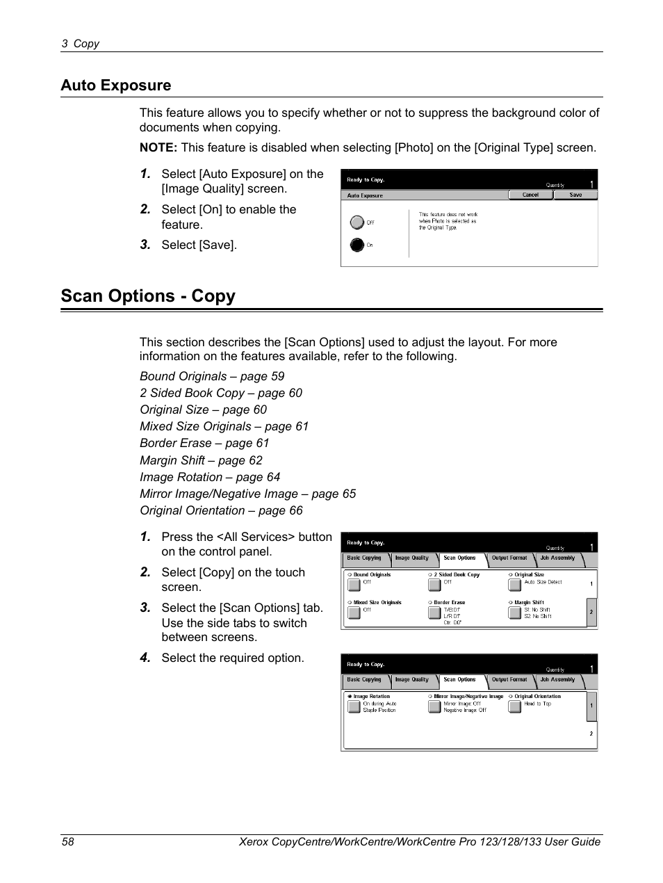 Auto exposure, Scan options - copy | Xerox 604P18057 User Manual | Page 58 / 364