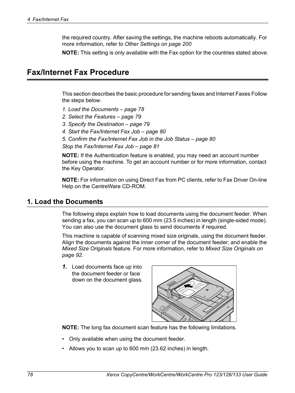 Fax/internet fax procedure, Load the documents | Xerox 604P18057 User Manual | Page 78 / 364