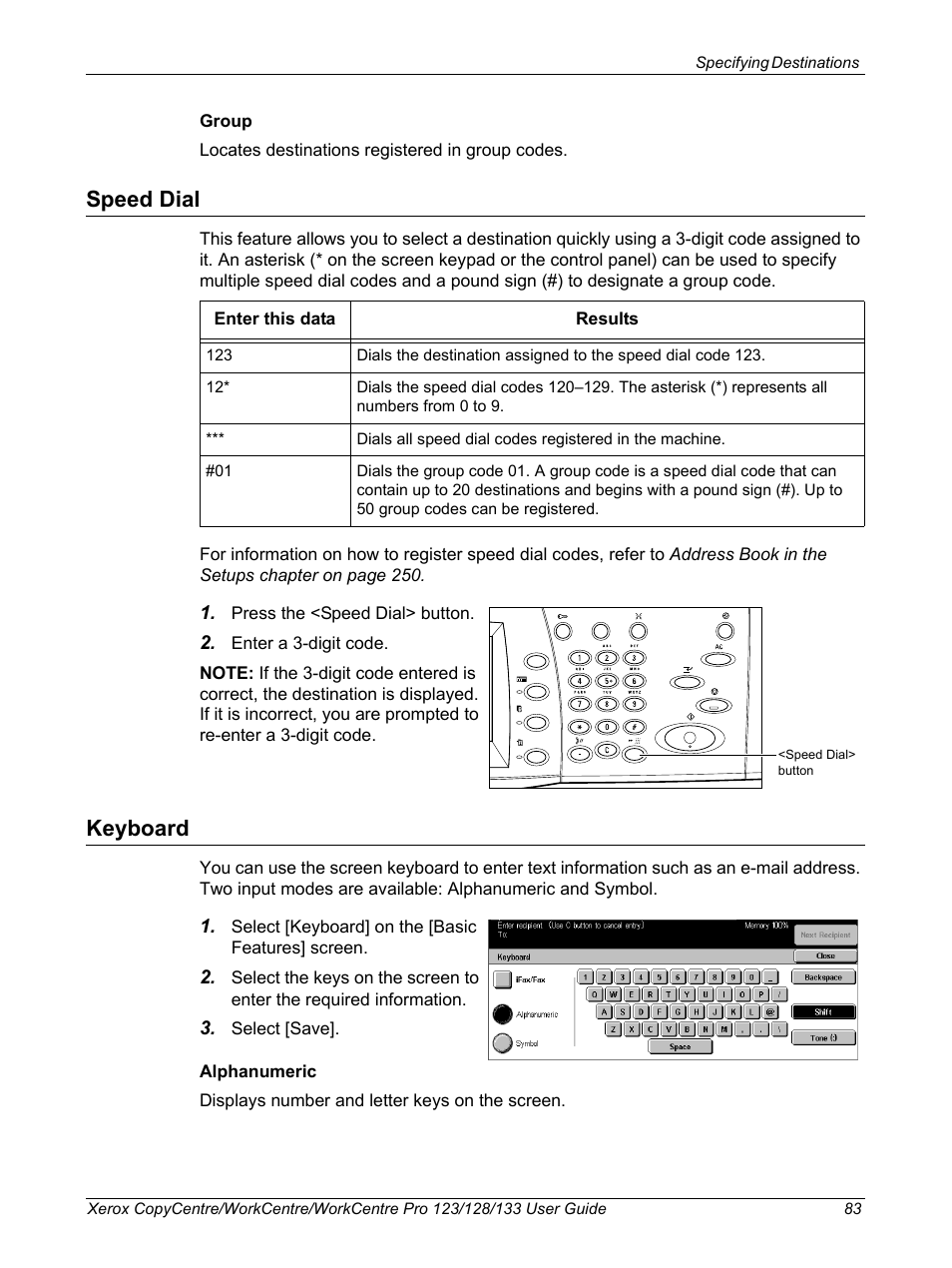 Speed dial, Keyboard, Speed dial keyboard | Touch screen (refer to keyboard | Xerox 604P18057 User Manual | Page 83 / 364