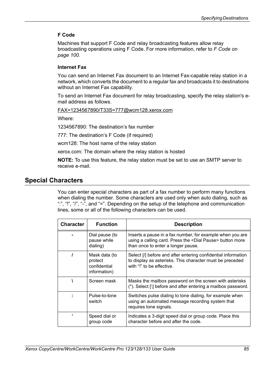 Special characters | Xerox 604P18057 User Manual | Page 85 / 364