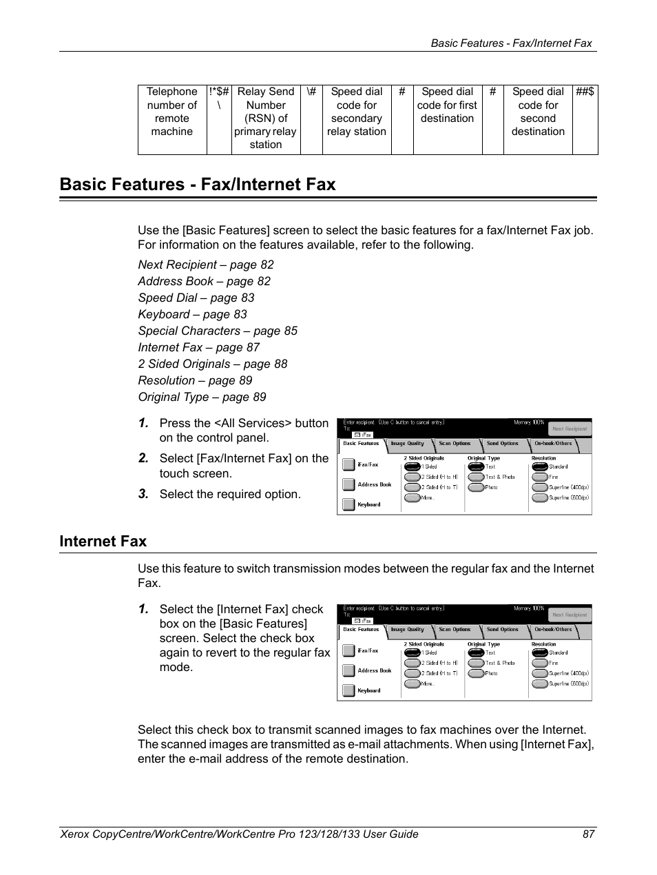 Basic features - fax/internet fax, Internet fax | Xerox 604P18057 User Manual | Page 87 / 364