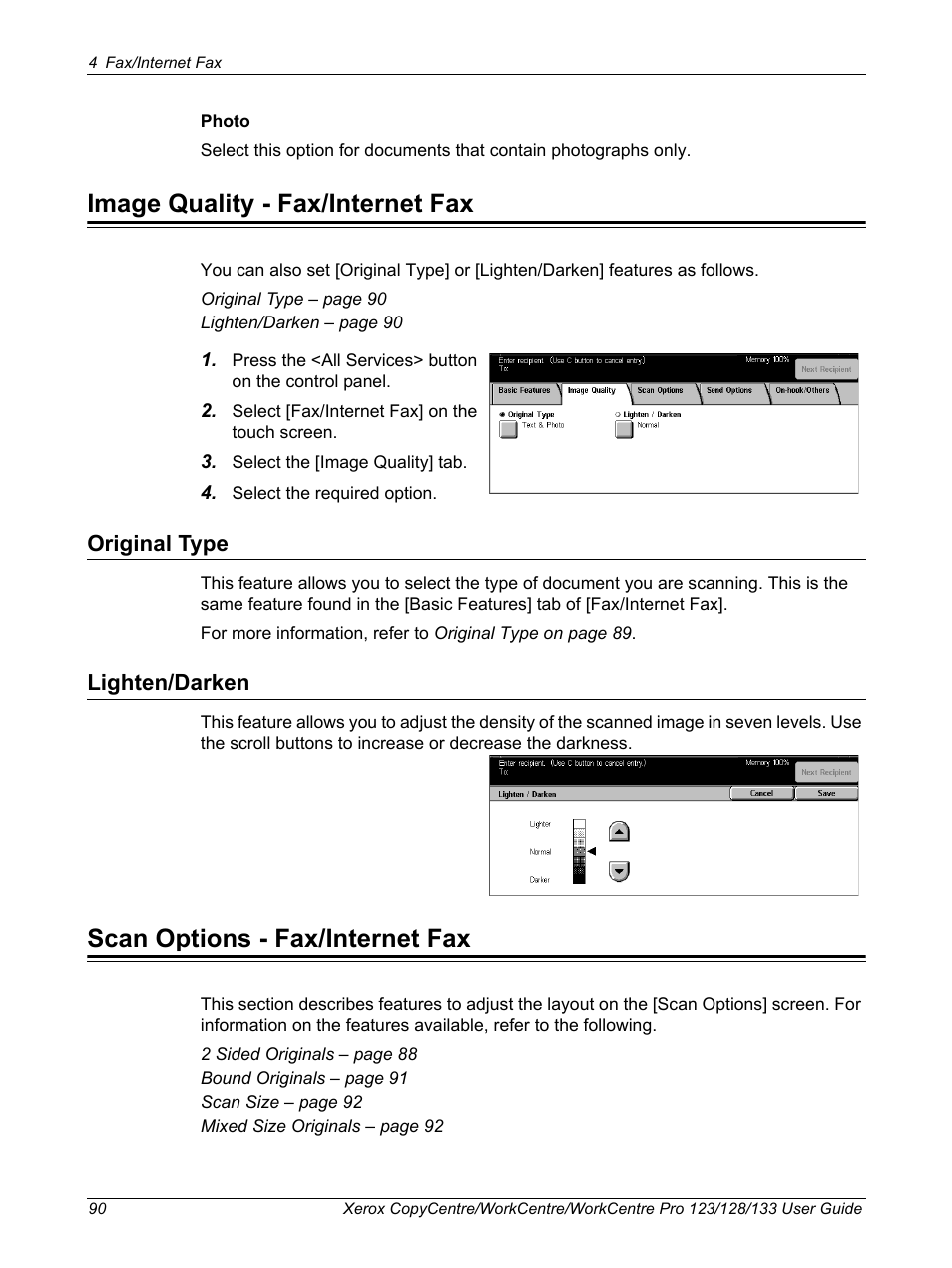 Image quality - fax/internet fax, Original type, Lighten/darken | Scan options - fax/internet fax, Original type lighten/darken | Xerox 604P18057 User Manual | Page 90 / 364