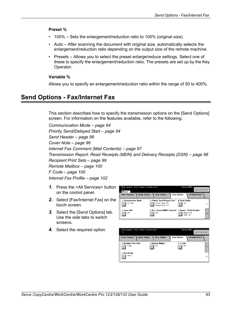 Send options - fax/internet fax | Xerox 604P18057 User Manual | Page 93 / 364