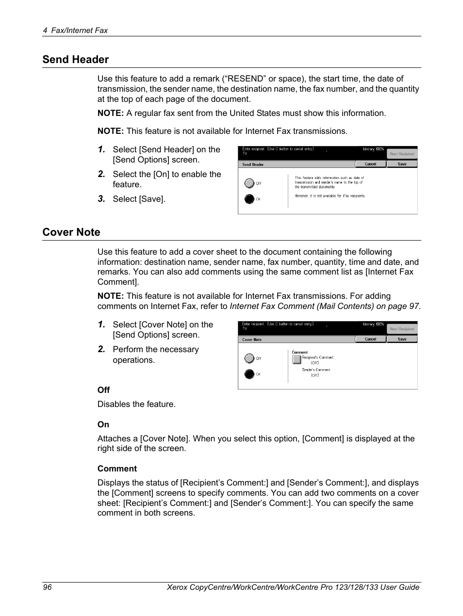 Send header, Cover note, Send header cover note | Xerox 604P18057 User Manual | Page 96 / 364