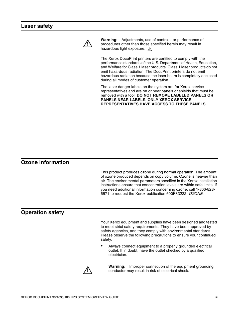 Laser safety, Ozone information, Operation safety | Xerox 4635 User Manual | Page 3 / 70