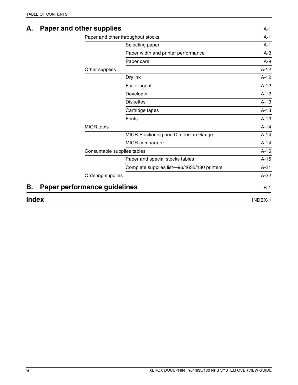 A. paper and other supplies, B. paper performance guidelines, Index | Xerox 4635 User Manual | Page 6 / 70