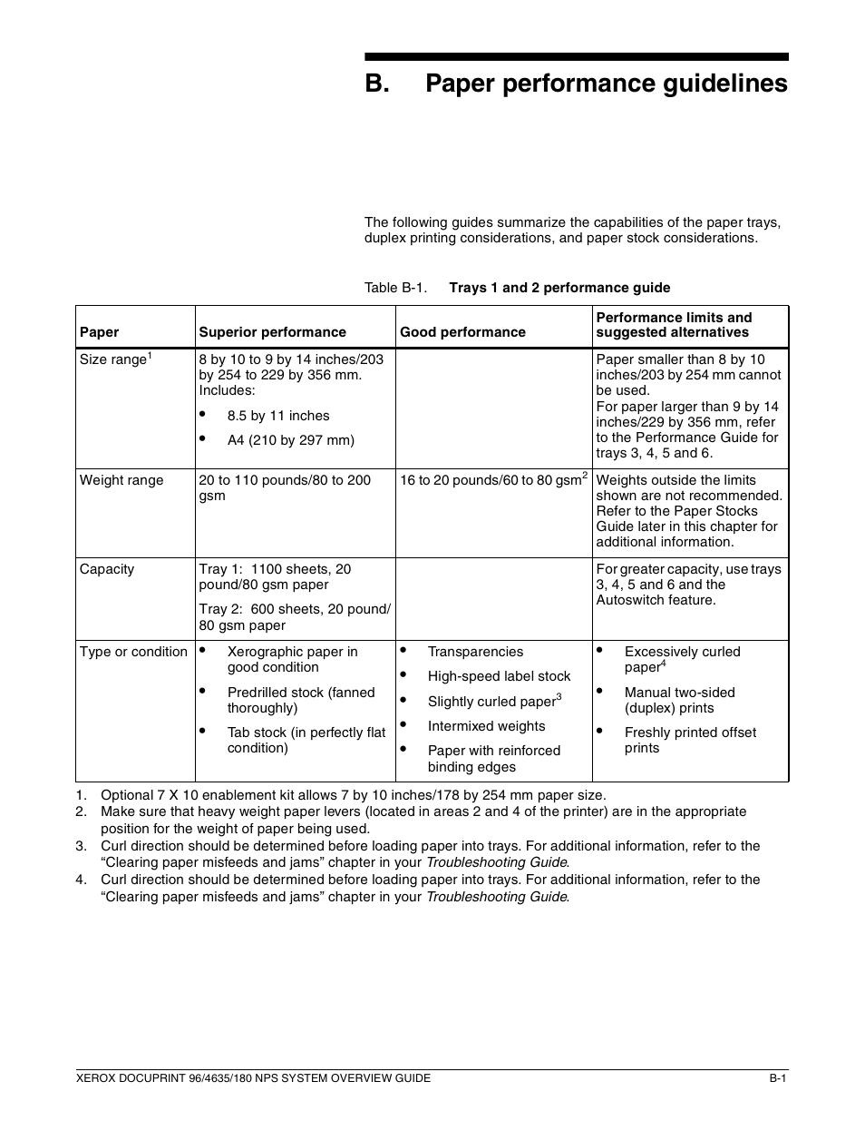 B. b paper performance guidelines | Xerox 4635 User Manual | Page 61 / 70