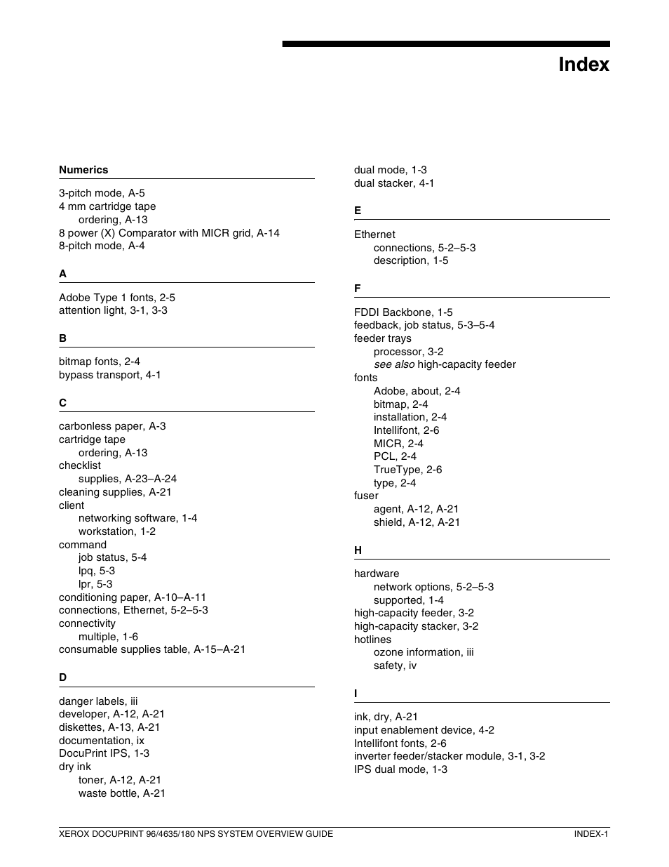 Index | Xerox 4635 User Manual | Page 67 / 70
