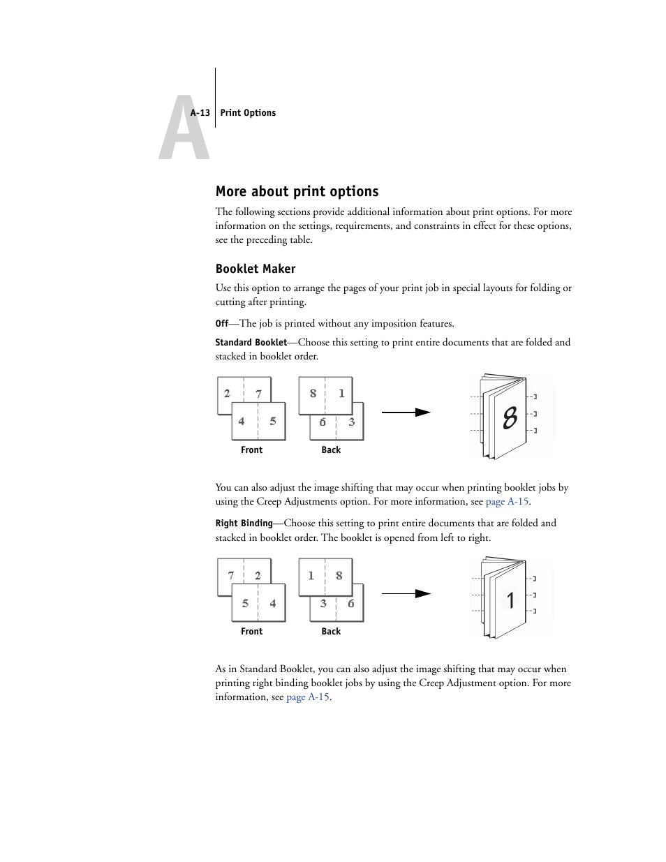 More about print options, Booklet maker, A-13 | Xerox EX7750 User Manual | Page 107 / 132