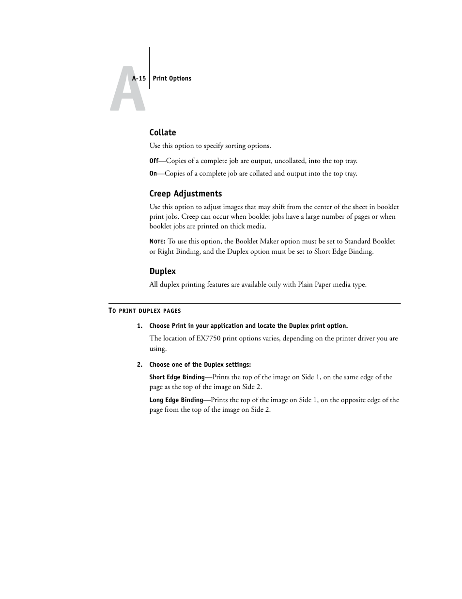 Collate, Creep adjustments, Duplex | A-15, Information, see, E information on duplex printing, see, E information, see | Xerox EX7750 User Manual | Page 109 / 132