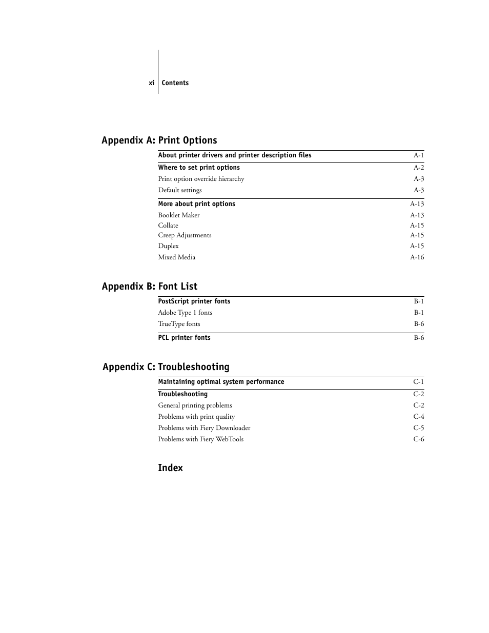 Appendix a: print options, Appendix b: font list, Appendix c: troubleshooting | Index | Xerox EX7750 User Manual | Page 11 / 132