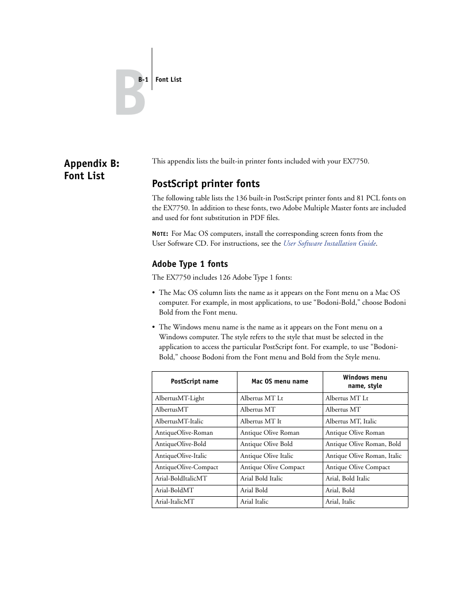 Appendix b: fontlist, Postscript printer fonts, Adobe type 1 fonts | Appendix b: font list, Appendix b | Xerox EX7750 User Manual | Page 115 / 132