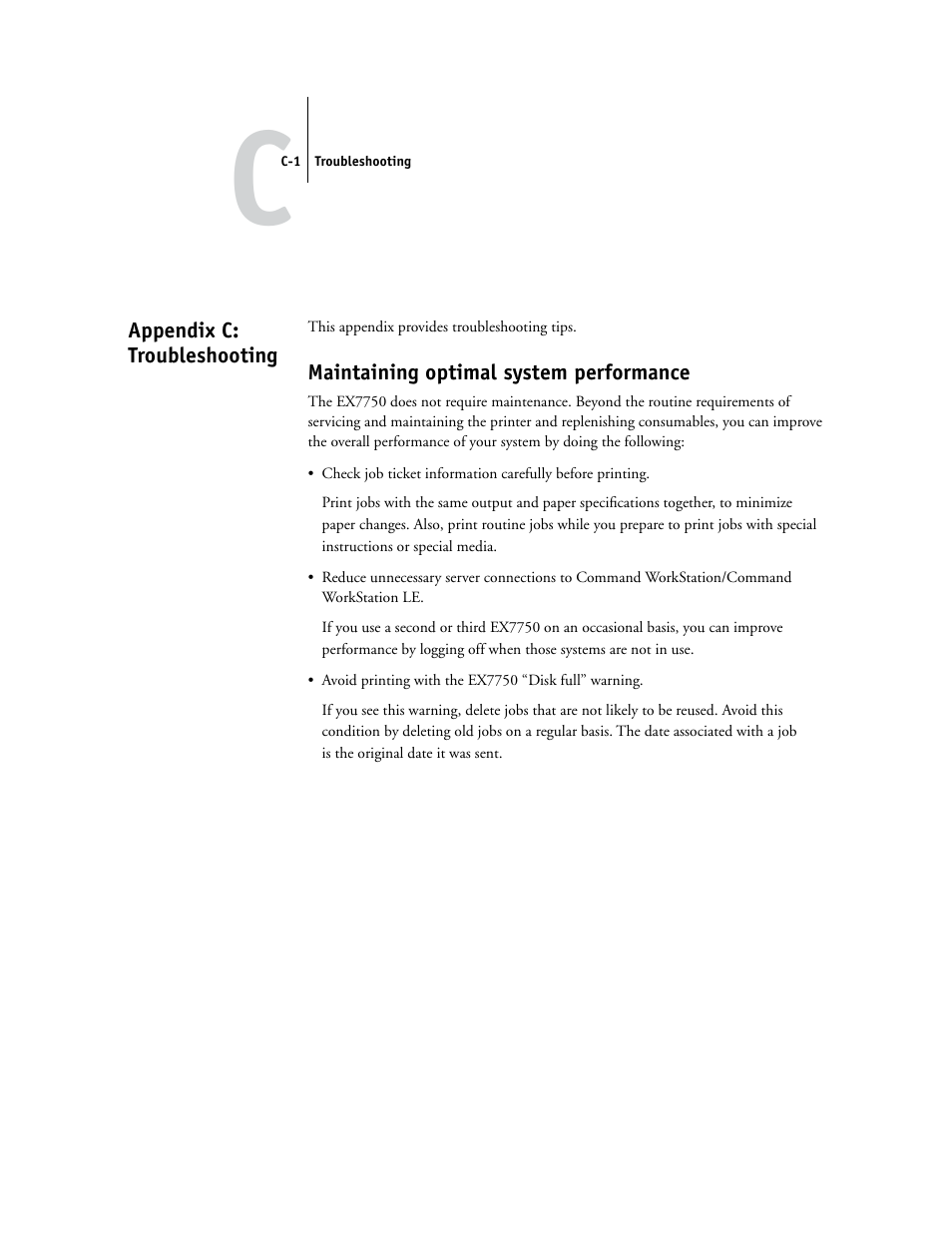 Appendix c: troubleshooting, Maintaining optimal system performance | Xerox EX7750 User Manual | Page 123 / 132