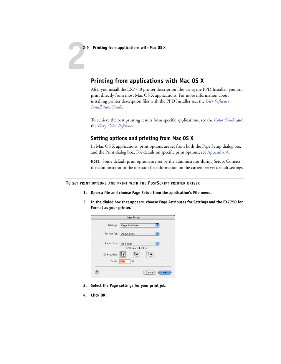 Printing from applications with mac os x, Setting options and printing from mac os x | Xerox EX7750 User Manual | Page 47 / 132