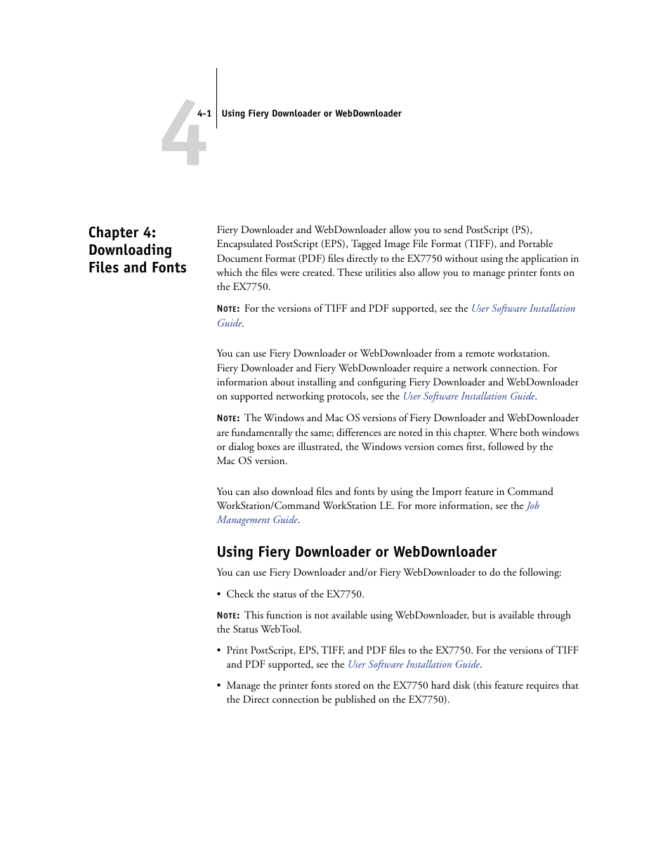 Chapter 4: downloading files and fonts, Using fiery downloader orwebdownloader, Using fiery downloader or webdownloader | Chapter 4 | Xerox EX7750 User Manual | Page 59 / 132