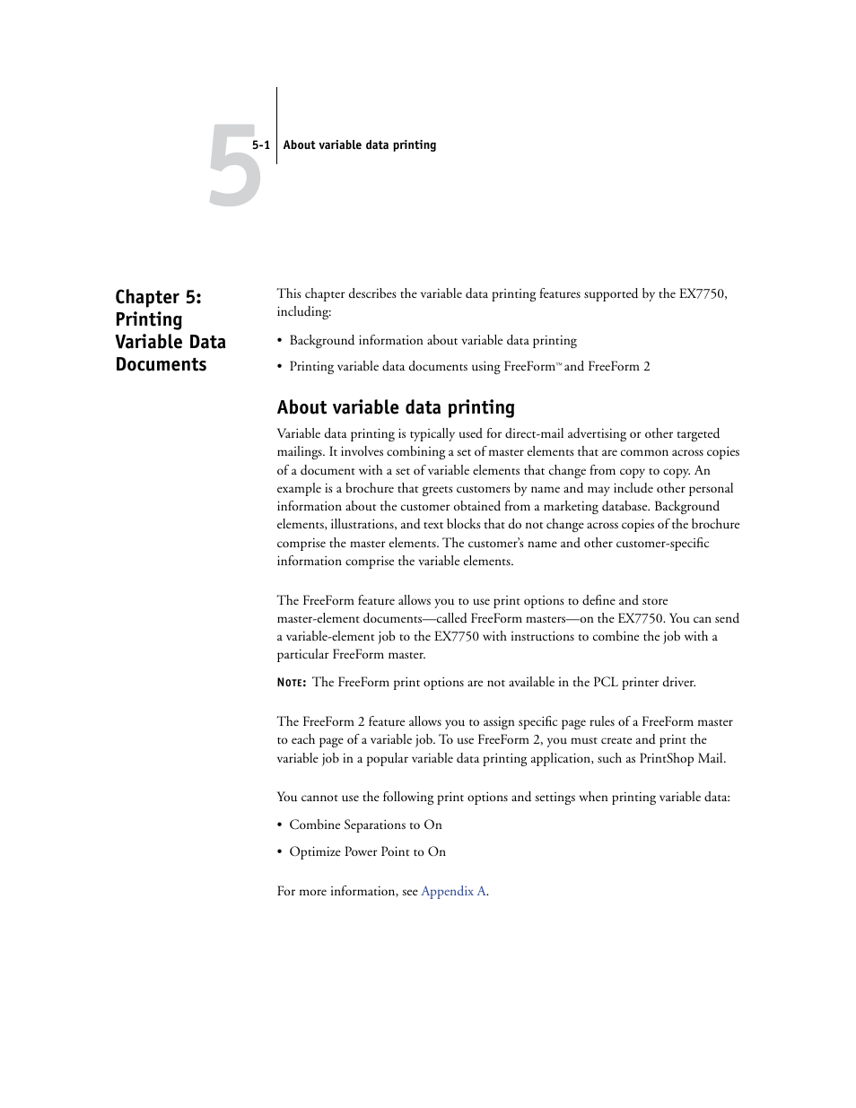 Chapter 5: printing variable data documents, About variable data printing | Xerox EX7750 User Manual | Page 71 / 132