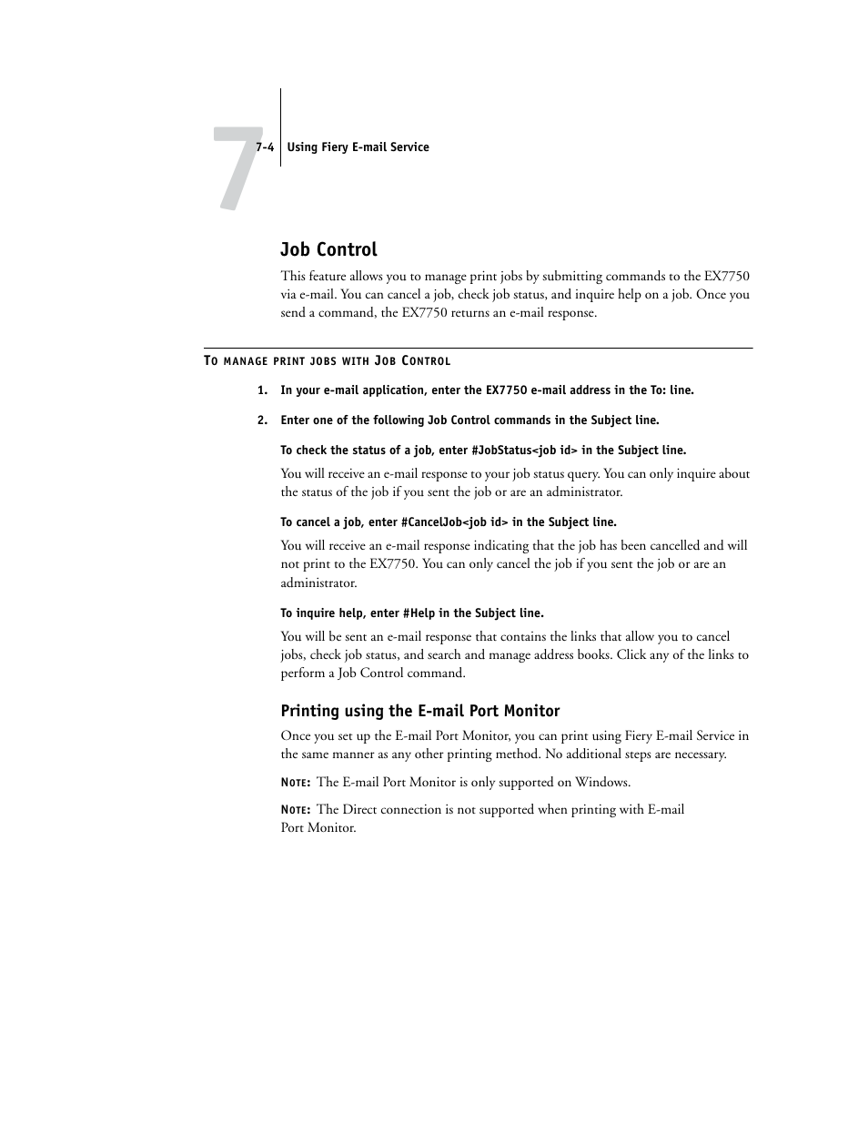 Job control, Printing using the e-mail port monitor | Xerox EX7750 User Manual | Page 92 / 132