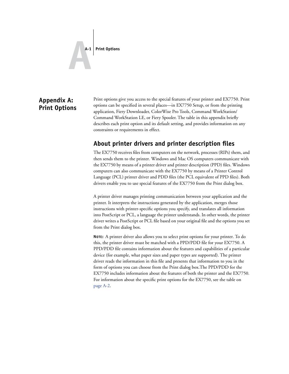 Appendix a: print options, Or information about specific print options, see, Appendix a | E information, see | Xerox EX7750 User Manual | Page 95 / 132