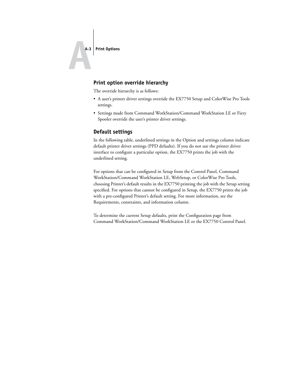 Print option override hierarchy, Default settings | Xerox EX7750 User Manual | Page 97 / 132