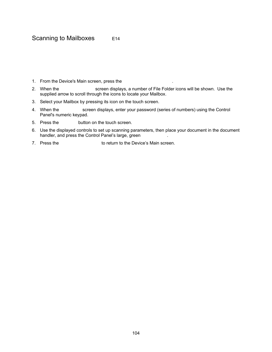 Scanning to mailboxes e14, To scan to a mailbox, perform these steps, Scanning to mailboxes | Xerox 7245 User Manual | Page 104 / 300