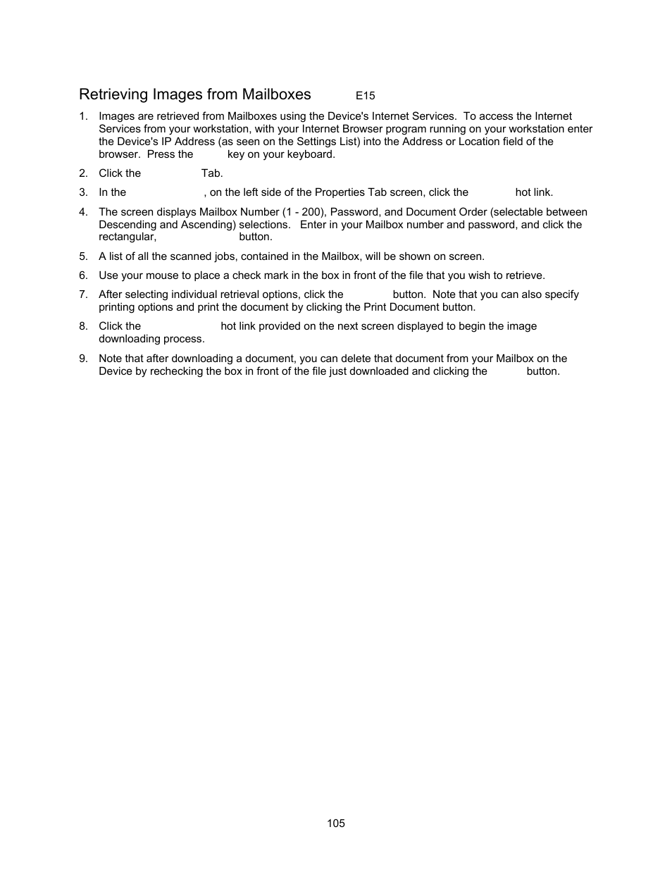Retrieving images from mailboxes e15, Retrieving images from mailboxes | Xerox 7245 User Manual | Page 105 / 300