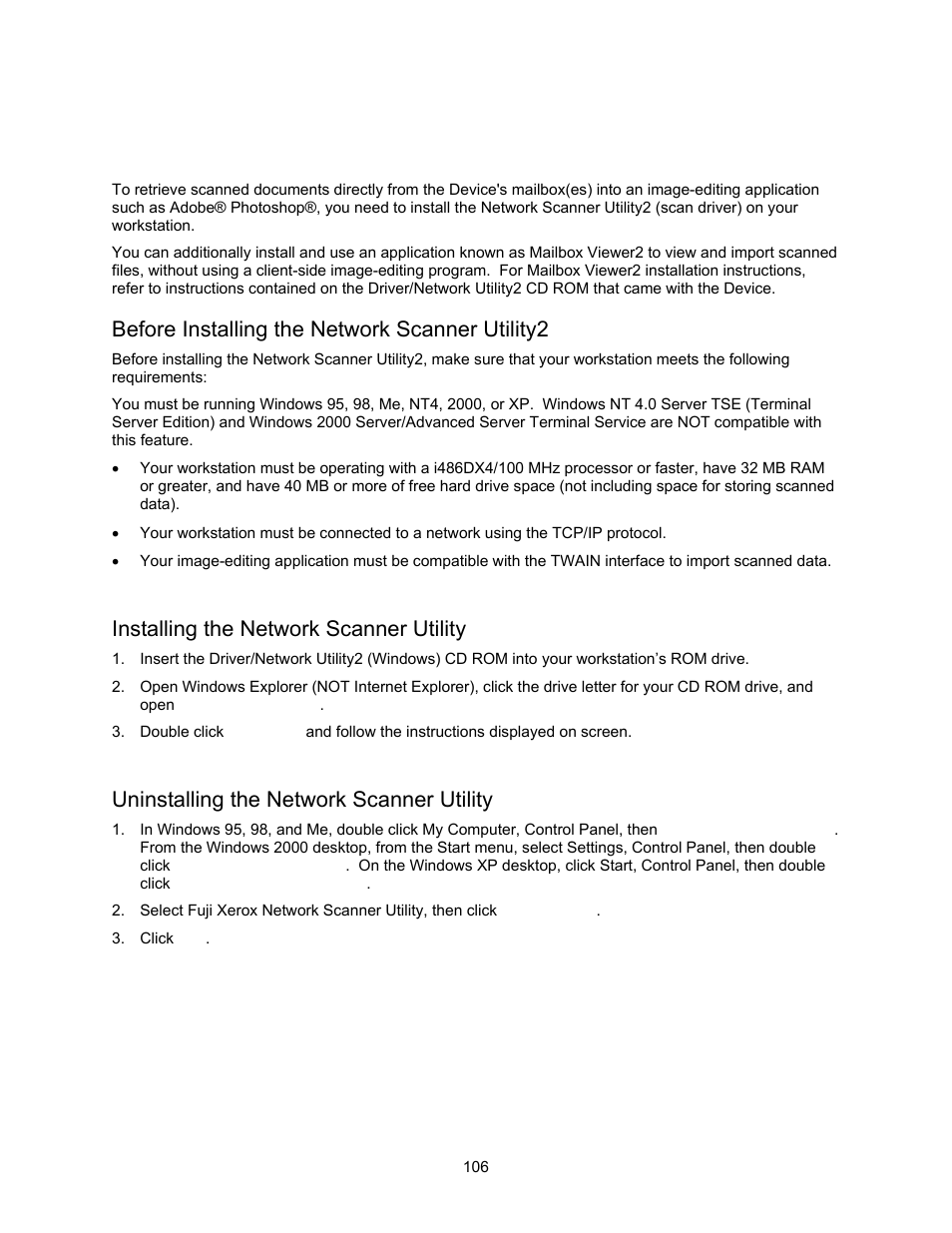 Before installing the network scanner utility2, Installing the network scanner utility, Uninstalling the network scanner utility | Installing and using the network scanner utility2 | Xerox 7245 User Manual | Page 106 / 300