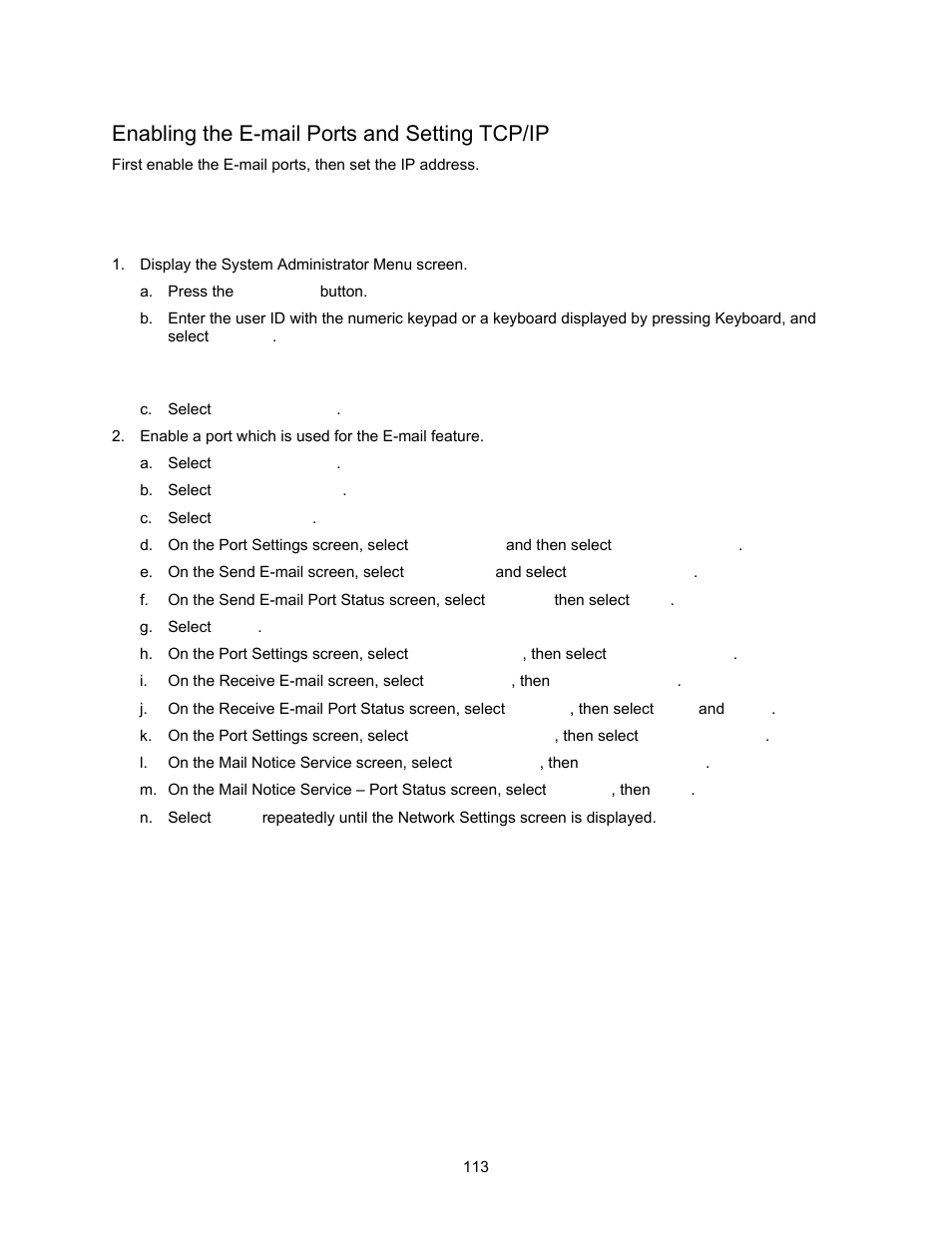 Enabling the e-mail ports and setting tcp/ip | Xerox 7245 User Manual | Page 113 / 300