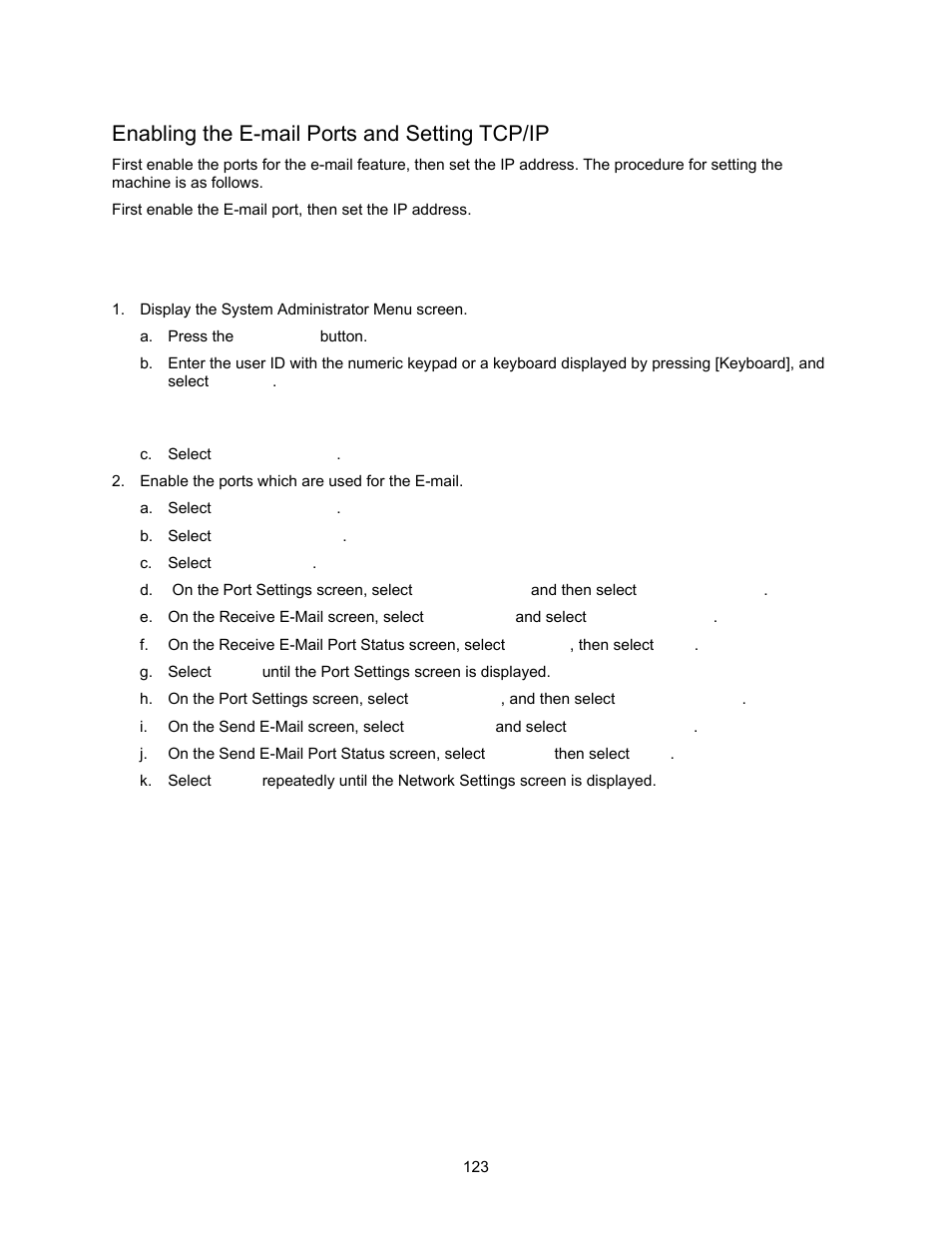 Enabling the e-mail ports and setting tcp/ip | Xerox 7245 User Manual | Page 123 / 300