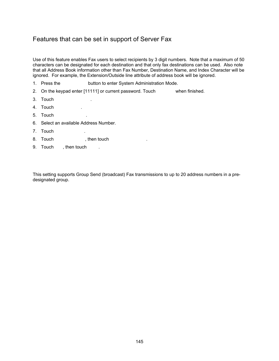 Features that can be set in support of server fax, Address book setup, Group send | Xerox 7245 User Manual | Page 145 / 300