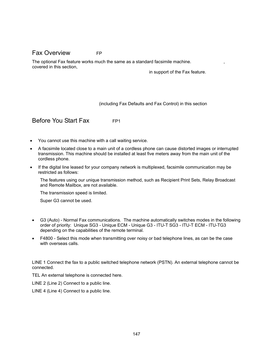 Fax overview fp, Checking and setting critical fax parameters, Before you start fax fp1 | Before starting the setup, Communications modes, Connecting the phone line, Fax overview, Before you start fax | Xerox 7245 User Manual | Page 147 / 300