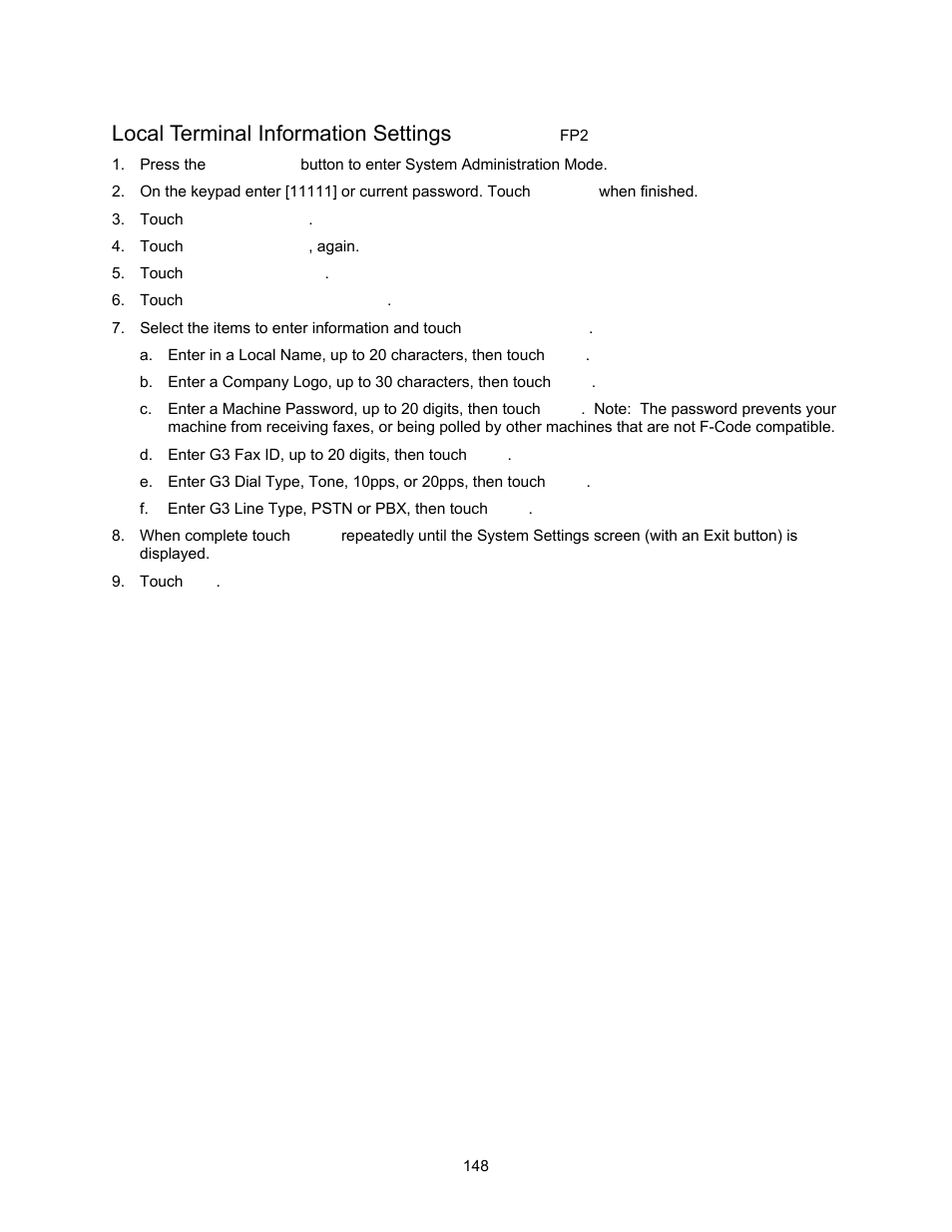 Local terminal information settings fp2, Local terminal information settings | Xerox 7245 User Manual | Page 148 / 300