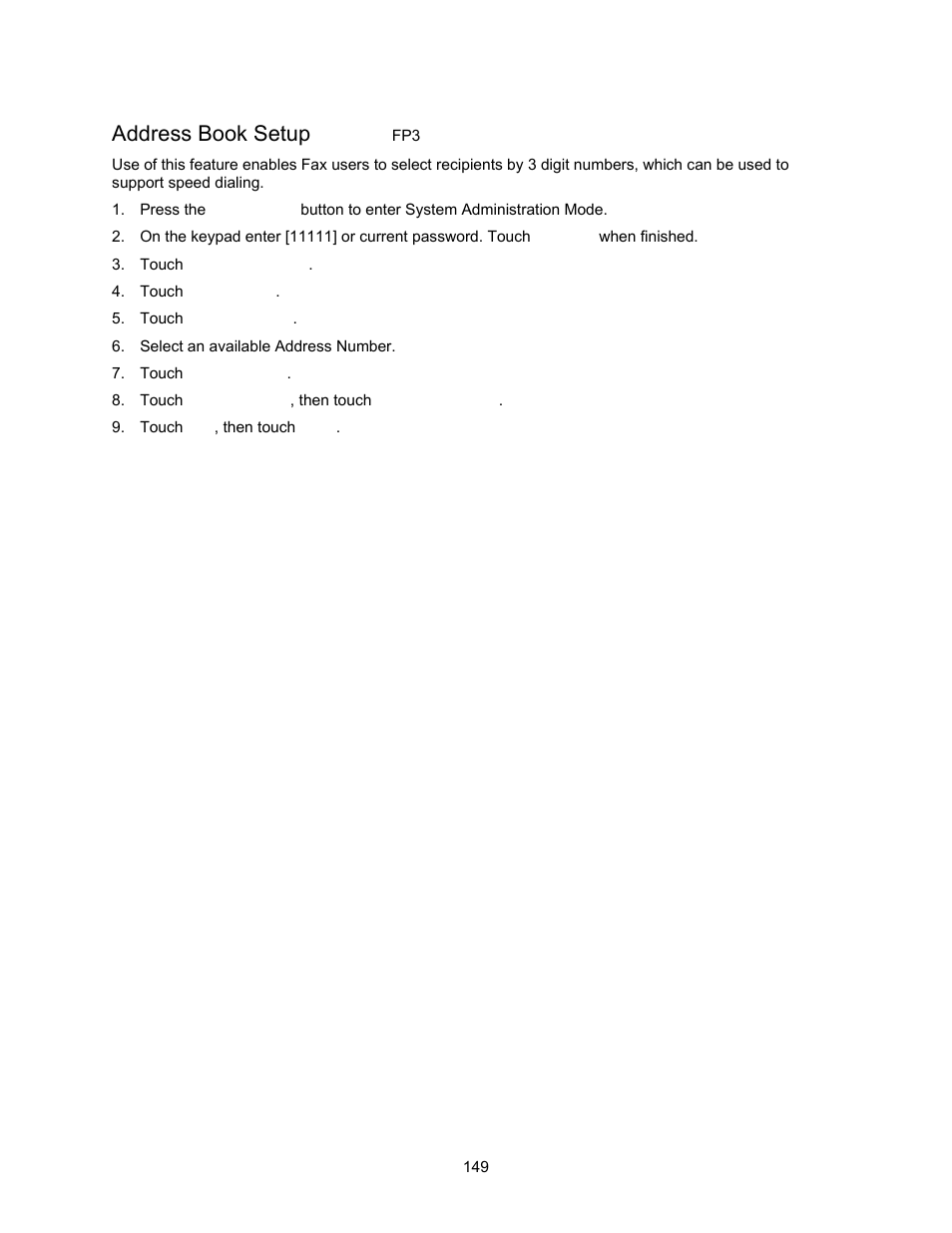 Address book setup fp3, Address book setup | Xerox 7245 User Manual | Page 149 / 300