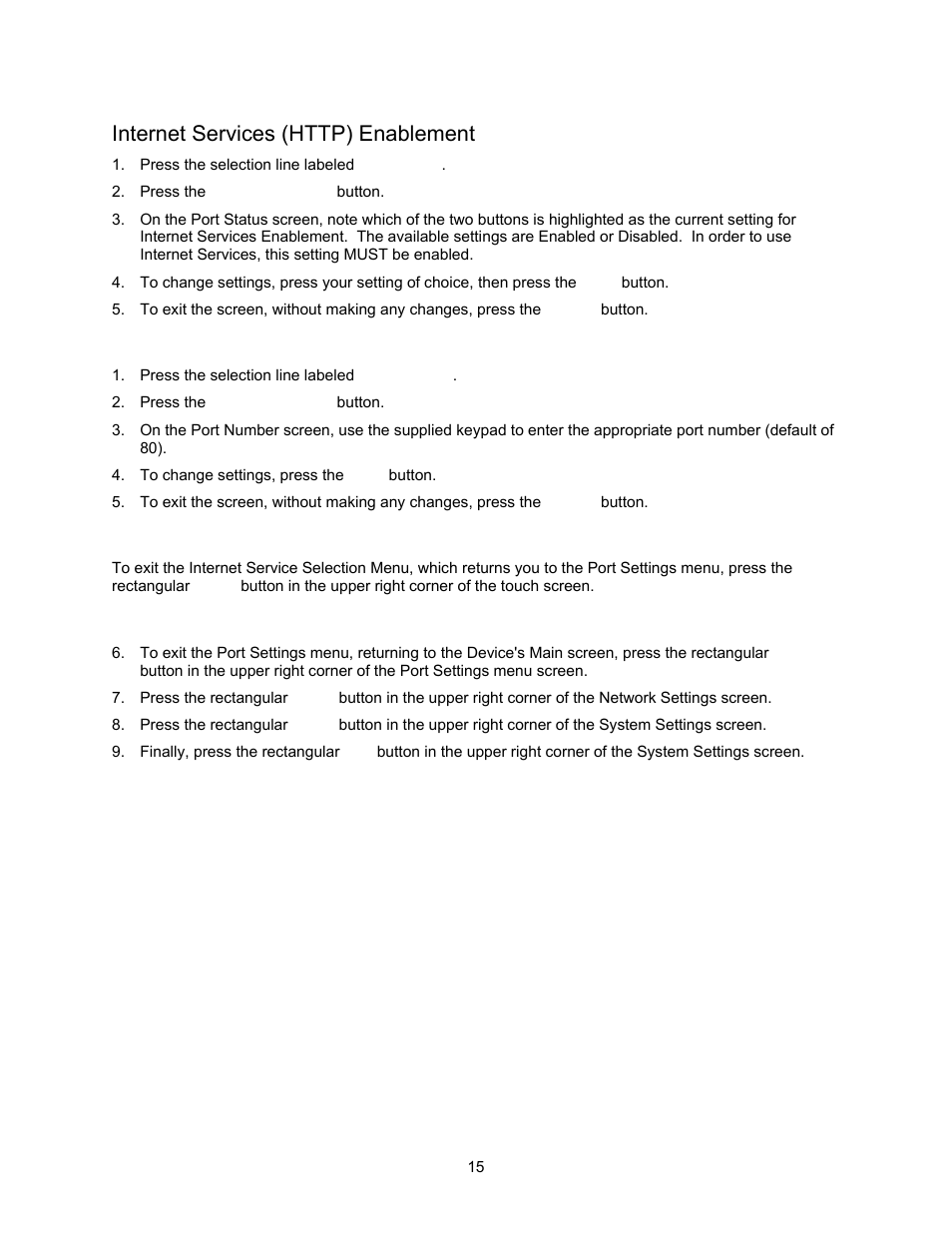 Internet services (http) enablement, Internet services port number, Exiting the internet services selection menu | Xerox 7245 User Manual | Page 15 / 300